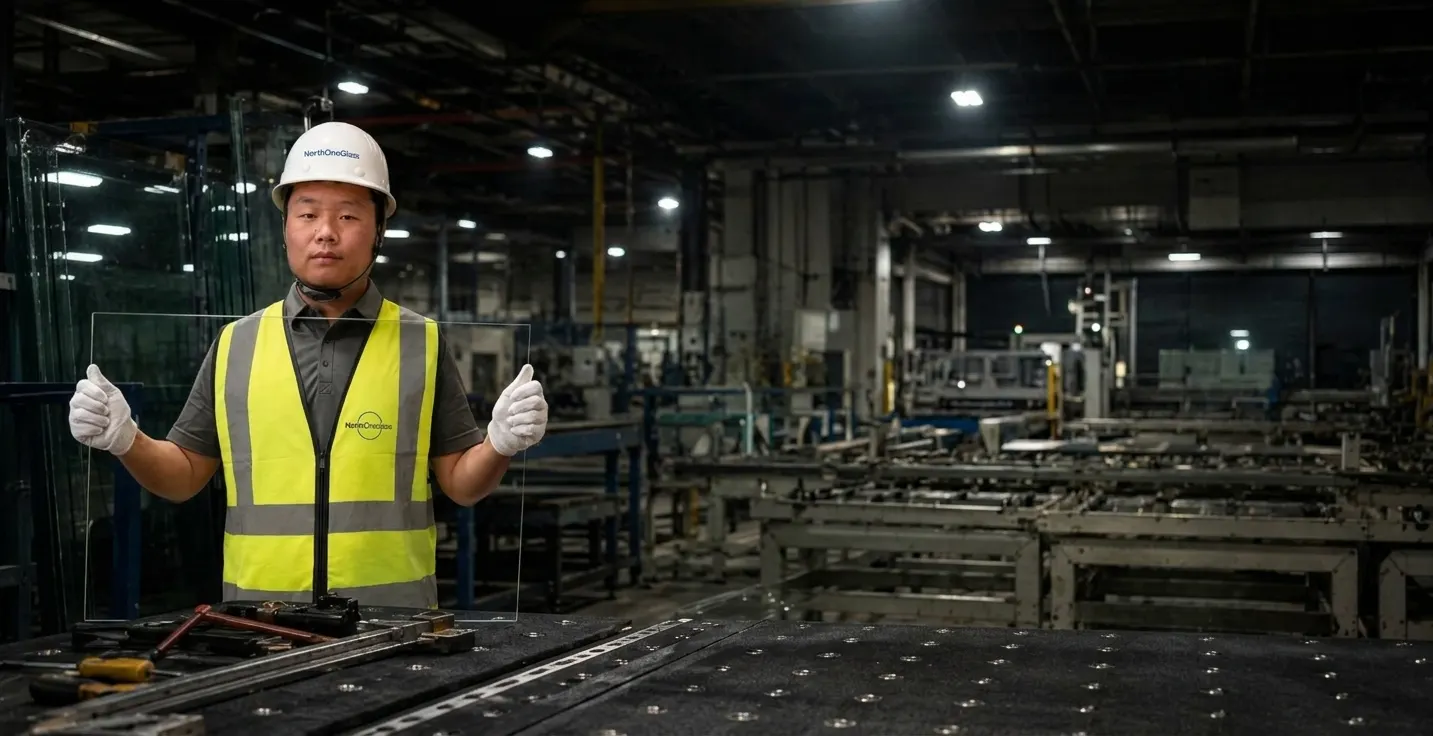 North One Glass engineer holding coated glass in a production workshop